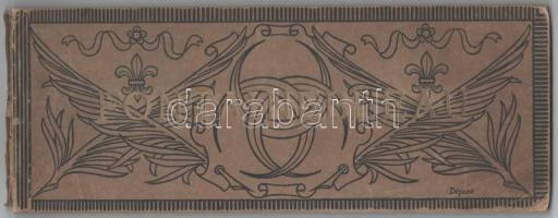 cca 1900 Fontainebleau kastélyát bemutató, színezett képekkel illusztrált album, harántalakú papírkötésben, sérült, hiányzó hátsó borítóval, 24 sztl. lev., 11x29 cm