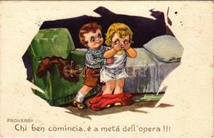 1922 Proverbi... Chi ben comincia, e a meta dell'opera! Italian art postcard. Anna &amp; Gasparini 595-4. s: Castelli (fl)
