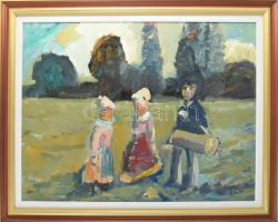 Schéner Mihály (1923-2009): Kirándulás a réten. Olaj, farost, jelezve jobbra lent, hátoldalán Schéner Mihály autográf feliratával, dekoratív fakeretben, 60×80 cm