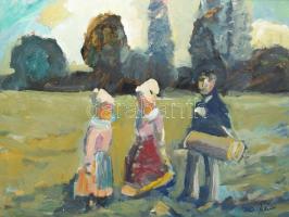 Schéner Mihály (1923-2009): Kirándulás a réten. Olaj, farost, jelezve jobbra lent, hátoldalán Schéne...