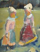 Schéner Mihály (1923-2009): Kirándulás a réten. Olaj, farost, jelezve jobbra lent, hátoldalán Schéne...