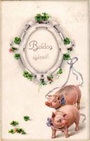 1917 Boldog Újévet! / New Year greeting art postcard with pigs, horseshoe and clovers. L&amp;B. ...