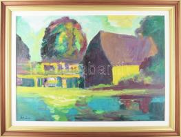 Schéner Mihály (1923-2009): Vízimalom. Olaj, farost, jelezve balra lent, hátoldalán Schéner Mihály autográf feliratával, dekoratív fakeretben, 50×70 cm