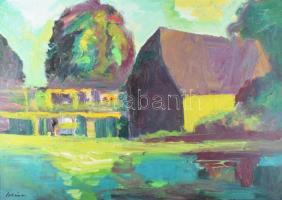 Schéner Mihály (1923-2009): Vízimalom. Olaj, farost, jelezve balra lent, hátoldalán Schéner Mihály a...