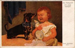 1922 Ein Fehlgriff / Dachshund dog art postcard with crying child. B.K.W.I. Nr. 1802. s: Franz Wiesental (EK)