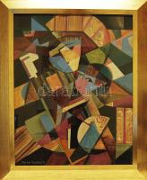 Farrel Fazekas Péter (1920-): Anya gyermekével (kubista festmény), vegyes technika, papír, faroston, jelzett, dekoratív fakeretben. 68,5x55 cm