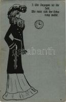 3 Uhr dagegen ist die Zeit, wo man sich der Erholung weiht / Lady art postcard. K.V.I.B. 12. No. 7. Serie 7. "Normalzeit" (kis szakadás / small tear)