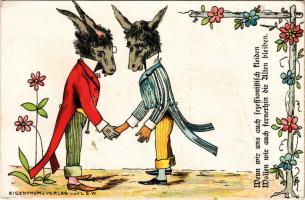 Wenn wir uns auch sezessionistisch kleiden, wollen wir auch fernerhin die Alten bleiben / humour art postcard with donkeys. Eigentum u. Verlag von L.S.W. litho (fa)