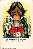 Des Darwins Lehre ist nicht schlecht, bei dir hat er doch sicher recht / humour art postcard with monkey reading Darwin. Eigentum u. Verlag von L.S.W. litho (szakadás / tear)