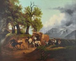 Jelzés nélkül, feltehetően XIX. sz. festő: Hazafelé. Olaj, vászon. Javított. Dekoratív fakeretben, 5...