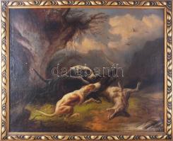 Jelzés nélkül, feltehetően XIX. sz. festő: Vaddisznót támadó kutyák. Olaj, vászon. Javított. Sérült. Dekoratív fakeretben, 55,5x69 cm