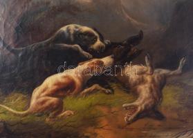 Jelzés nélkül, feltehetően XIX. sz. festő: Vaddisznót támadó kutyák. Olaj, vászon. Javított. Sérült....