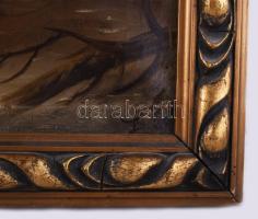 Jelzés nélkül, feltehetően XIX. sz. festő: Vaddisznót támadó kutyák. Olaj, vászon. Javított. Sérült....