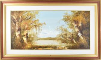 Bocsák Krisztina (1964-): Vízparti fák. Olaj, farost. Jelzett. Dekoratív fakeretben. 35x70 cm.