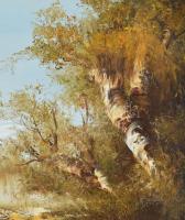 Bocsák Krisztina (1964-): Vízparti fák. Olaj, farost. Jelzett. Dekoratív fakeretben. 35x70 cm