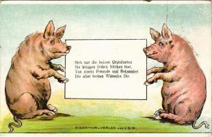 Sieh nur die beiden Gratulanten... / humour art postcard with pigs. Eigentum u. Verlag von L.S.W. litho (szakadás / tear)
