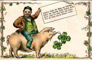 Lieblich blickt der Mann am Schwein... / humour art postcard with pig and clovers. Eigentum u. Verlag von L.S.W. litho (szakadás / tear)