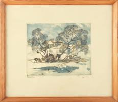 Csurgói Máté Lajos (1931-2001): Favágók. Színes rézkarc, papír, jelzett, üvegezett fakeretben, 24×29,5 cm