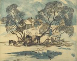 Csurgói Máté Lajos (1931-2001): Favágók. Színes rézkarc, papír, jelzett, üvegezett fakeretben, 24×29...