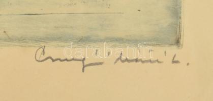 Csurgói Máté Lajos (1931-2001): Favágók. Színes rézkarc, papír, jelzett, üvegezett fakeretben, 24×29...