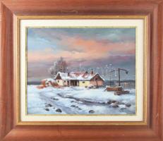 Czinege Zsolt (1964-): Téli táj. Olaj, farost, jelzett. 32×40 cm. Dekoratív fakeretben.