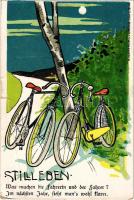 Stillleben... / humour art postcard with bicycles at night. Eigentum u. Verlag von L.S.W. litho (szakadás / tear)