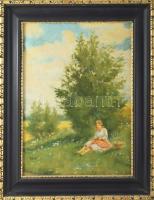 Glatz jelzéssel: Lány a réten. Olaj, vászon. 42,5×31 cm. Dekoratív fakeretben.