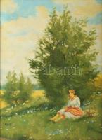Glatz jelzéssel: Lány a réten. Olaj, vászon. 42,5×31 cm. Dekoratív fakeretben