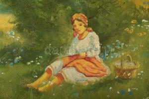 Glatz jelzéssel: Lány a réten. Olaj, vászon. 42,5×31 cm. Dekoratív fakeretben