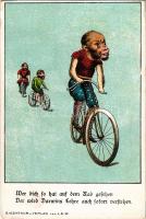 Wer dich so hat auf dem Rad gesehen, der wird Darwins Lehre auch sofort verstehen / humour art postcard with monkeys on bicycles. Eigentum u. Verlag von L.S.W. litho (kis szakadás / small tear)