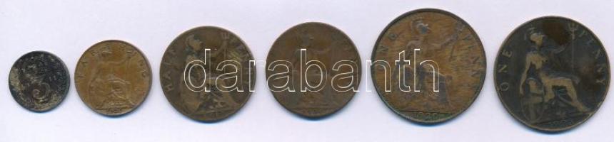 Nagy-Britannia 1905. 1/2p bronz "VII. Eduárd" + 1p bronz "VII. Eduárd" + 1911. 3p Ag "V. György" + 1917. 1/2p bronz + 1920. 1F bronz "V. György" + 1p bronz "V. György" T:VF,F, patina Great Britain 1905. 1/2 Penny bronze "Edward VII" + 1 Penny bronze "Edward VII" + 1911. 3 Pence Ag "George V" + 1917. 1/2 Penny bronze + 1920. 1 Farthing bronze "George V" + 1 Penny bronze "George V" C:VF,F, patina