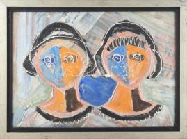 Prokop Péter (1919-2003): Ikrek, 1979. Olaj, farost, jelzett, a hátoldalán Prokop Péter autográf feliratával, keretben. 30×43 cm