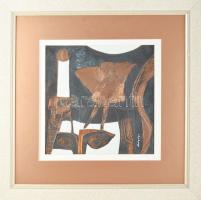 Drégely László (1932-1990): Ikarusz. Festett, kalapált alumínium lemez. Jelezve jobbra lent: Drégely. Fakeretben, 30×30 cm