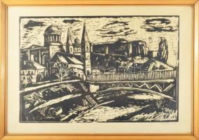 Végvári János (1927-1994): Esztergomi bazilika. Linómetszet, papír. Jelezve jobbra lent. Üvegezett fakeretben, 35×52 cm