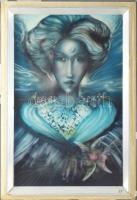 Herpai Zoltán (1951-2011): Kék, holdas nő, 1980. Olaj, fa, jelezve jobbra lent. Dekoratív, kissé sérült fakeretben, 56×36,5 cm