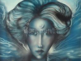 Herpai Zoltán (1951-2011): Kék, holdas nő, 1980. Olaj, fa, jelezve jobbra lent. Dekoratív, kissé sér...