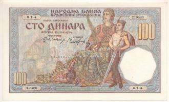 Jugoszlávia 1934. 100D "II.0483 614" T:AU / Yugoslavia 1934. 100 Dinara "II.0483 614" C:AU Krause P#31
