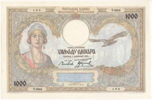 Jugoszlávia 1931. 1000D "T.0253 195" T:AU / Yugoslavia 1931. 1000 Dinara "T.0253 195" C:AU Krause P#29