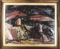 Barcsay Jenő (1900-1988): Dombos táj alakkal. Vegyes technika, karton. Jelezve jobbra lent: Barcsay. Aukcionálva: Kieselbach Galéria, 65. Nyári Aukció, 2021.06.14, 191. tétel. Proveniencia: Vásárlás BÁV-tól, 1980.XII.6. kelt. jegyzékkel és hátoldalán korabeli BÁV címkével. Üvegezett fakeretben, 56×71 cm