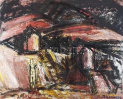 Barcsay Jenő (1900-1988): Dombos táj alakkal. Vegyes technika, karton. Jelezve jobbra lent: Barcsay....