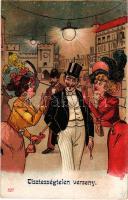 Tisztességtelen verseny / humour art postcard, litho (EK)