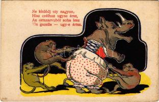 Ne kínlódj oly nagyon, hisz célhoz úgyse érsz, az orrszarvúból soha lesz kis gazella - ugye értsz / humour art postcard with monkeys and rhinoceros, litho (EK)