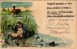 Száguld paripám a réten, haza jövök-e a héten? Ha enyim vón az ő lába, nem csücsülnék a hínárba? / humour art postcard with riding accident, litho (fl)