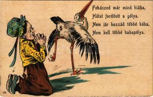 Fohászod már mind hiába, hátat fordított a gólya... / humour art postcard with stork, litho (fl)