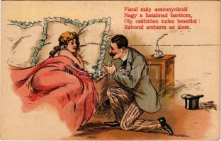Fiatal szép asszonyoknál nagy a hatalmad barátom... / humour art postcard with love couple, litho