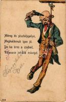 Méreg és pisztolygolyó, meghalásnak igen jó. De ha üres a zsebed, válassz inkább zsineget / dark humour art postcard with suicidal man, litho (fa)