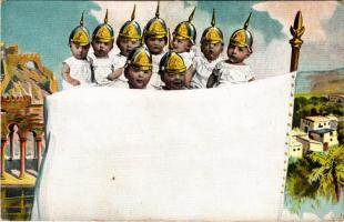 German military art postcard with children in caps (EK)