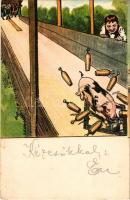 Tekézés malaccal / bowling humour with pig, litho (fl)