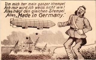 Um mich her mein ganzer Krempel, ach mir wird, ich weiss nicht wie! Alles trägt den gleichen Stempel, alles "Made in Germany". Druck u. Verlag Oster &amp; Joisten / WWI German military propaganda with airship bombing a battleship (EK)