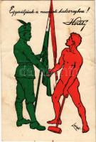 1924 Egyesüljünk a nemzeti hadseregben! Horthy. A szegedi magyar nemzeti ellenforradalmi kormánynak a kommunisták megtérítésére irányuló "első" propaganda plakátja 1919 júliusában. Magyarországi Tanácsköztársaság / Hungarian Soviet Republic anti-communist propaganda. Kelner és Mohrlüder s: Laászló (gyűrődés / crease)